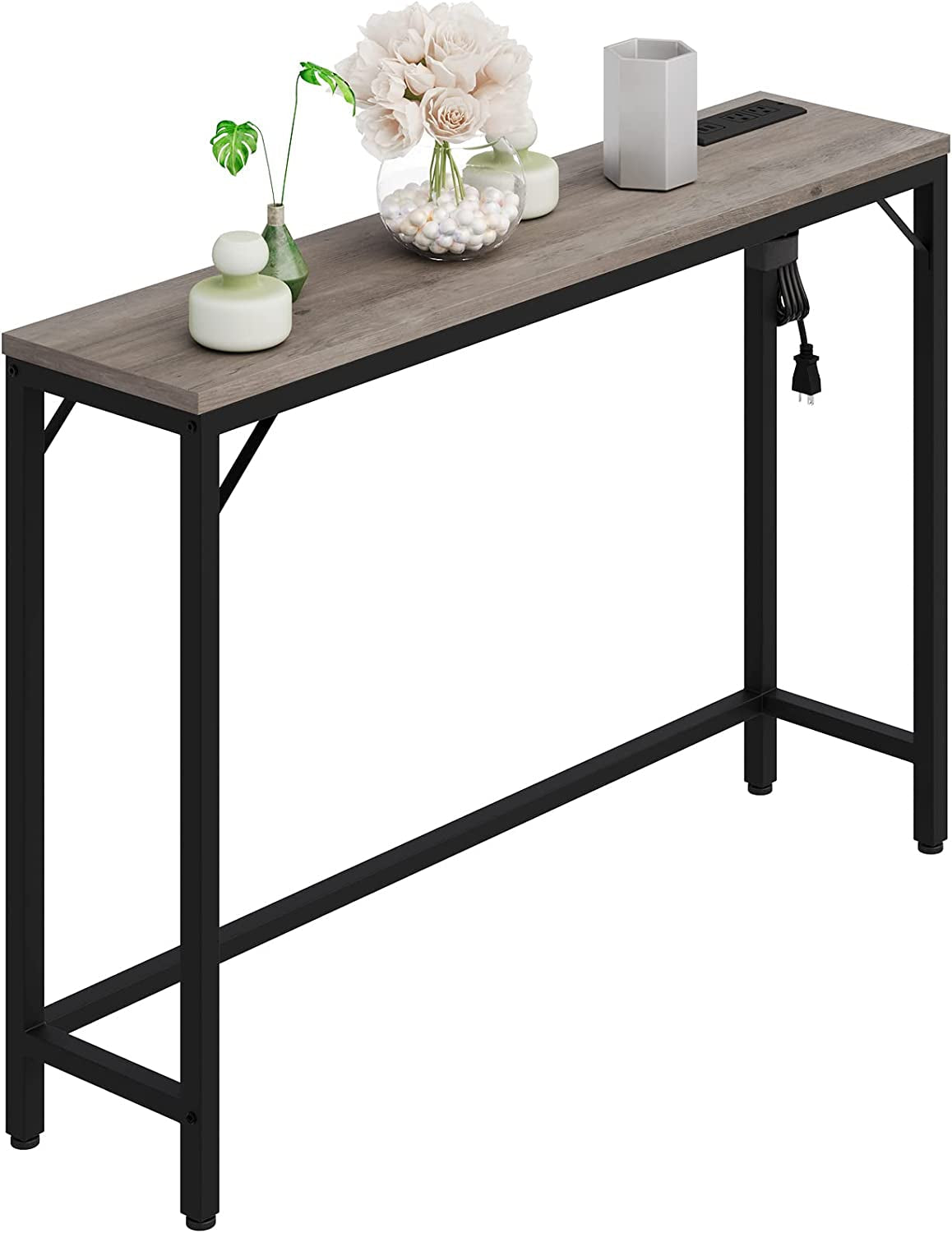 Industrial Grey Console Table with Charging Station-1