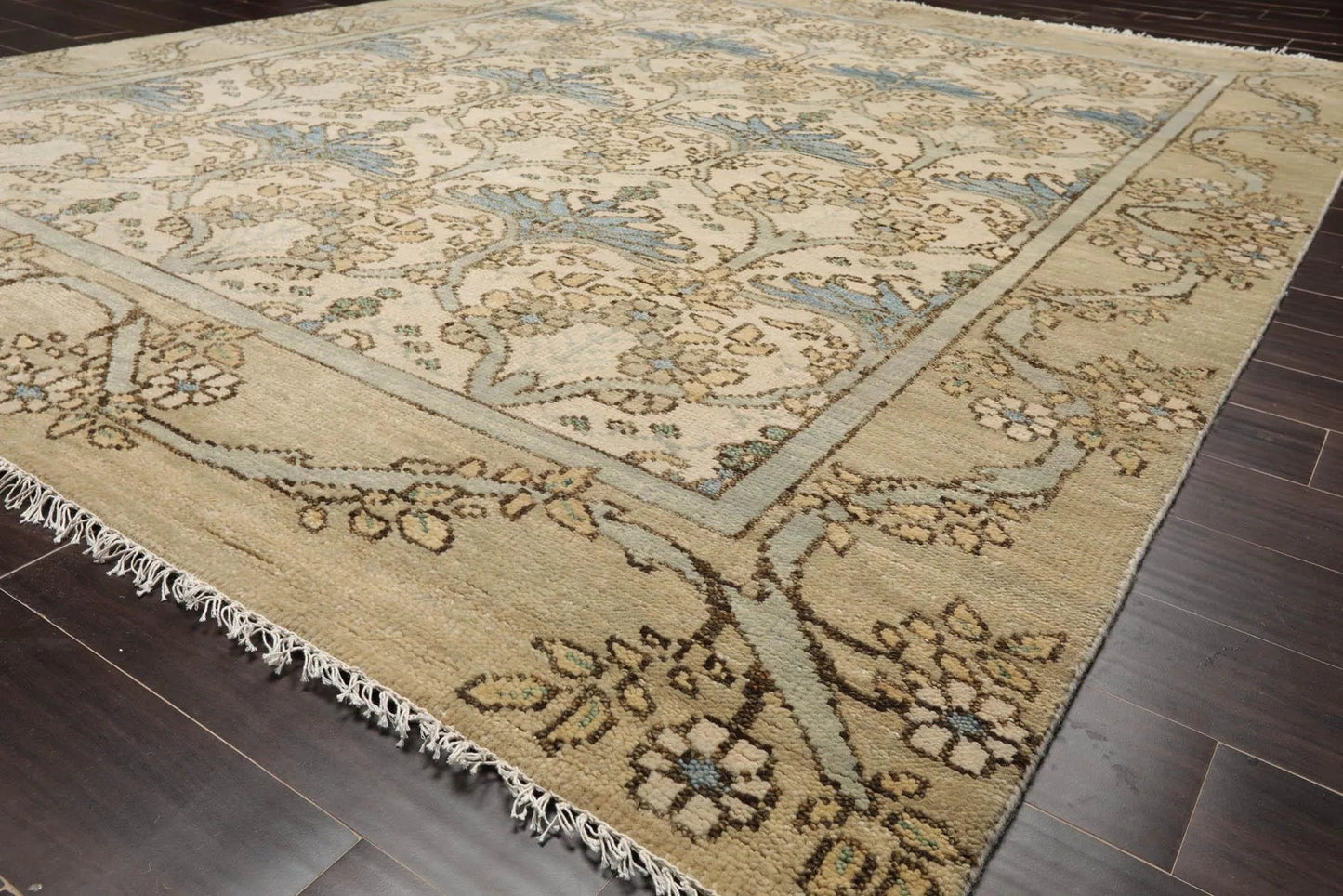 Multi Size Beige Hand Knotted William Morris Tulip Arts and Craft Oushak 100% Wool Oriental Area Rug-2