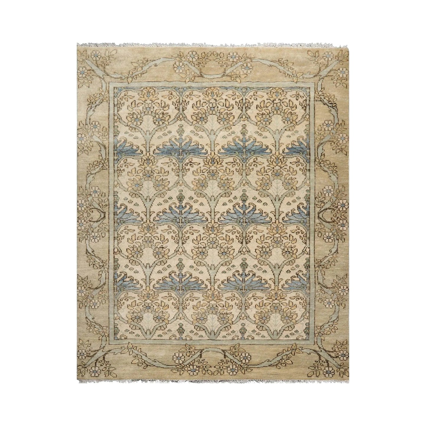 Multi Size Beige Hand Knotted William Morris Tulip Arts and Craft Oushak 100% Wool Oriental Area Rug-1