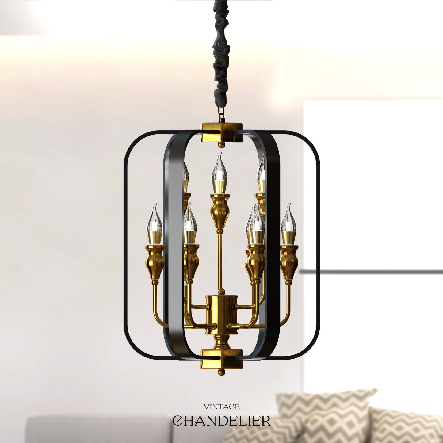 Lantern Black Metal Chandeliers 9-Light Adjustable Height Farmhouse Ceiling Chandelier~4622-4