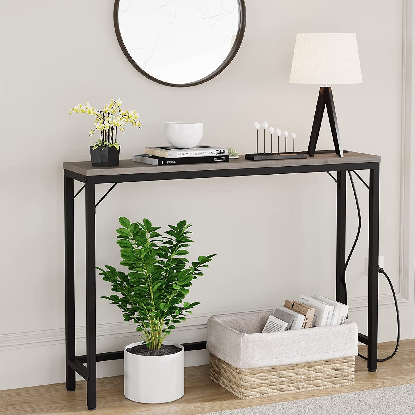 Industrial Grey Console Table with Charging Station-4