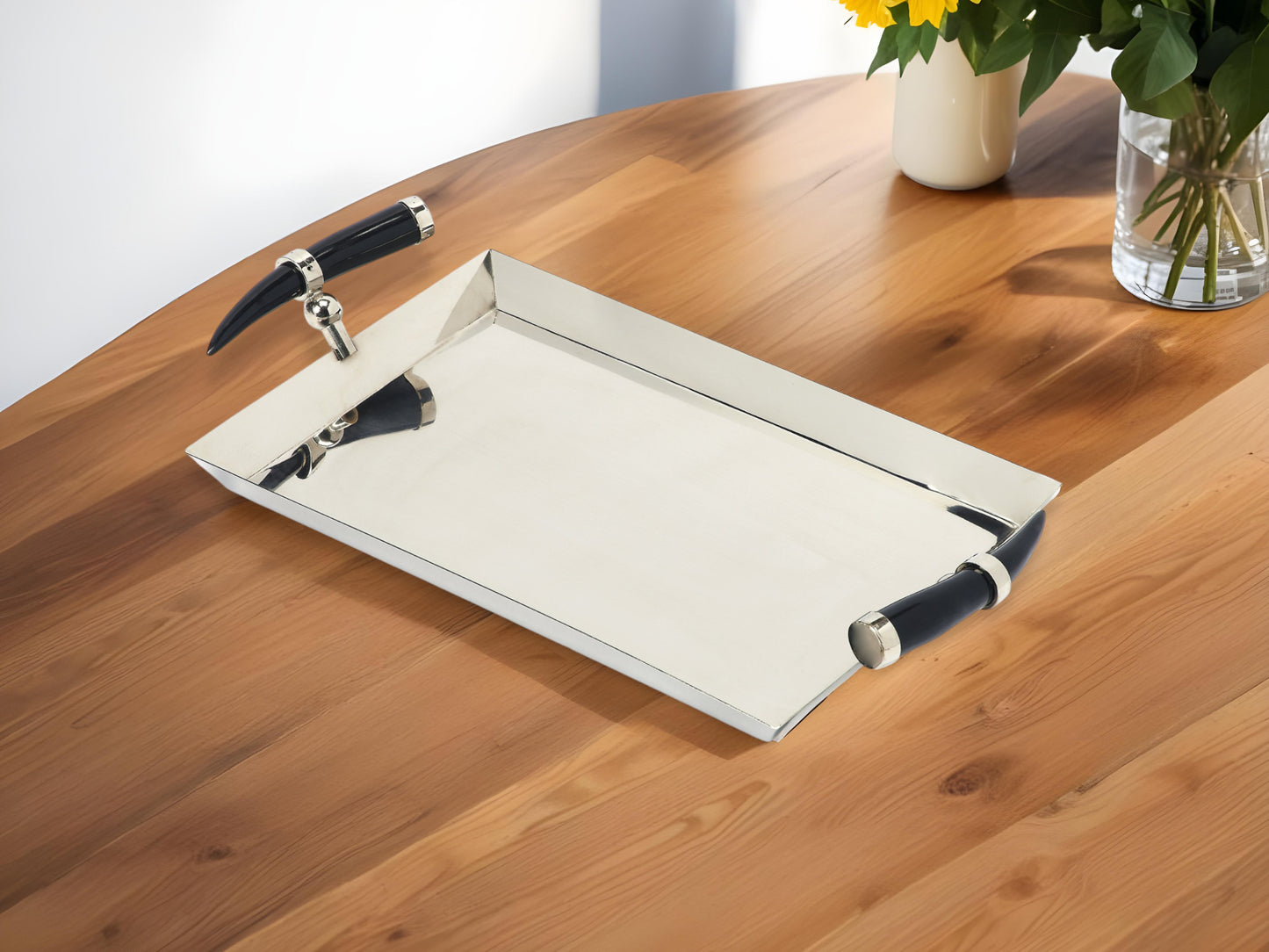 19" Silver Stainless Steel Serving Tray With Horn Handles-1