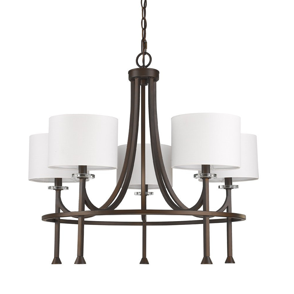 Brown Candle Style Five Light Metal and Crystals Dimmable Chandelier With White Shades-0