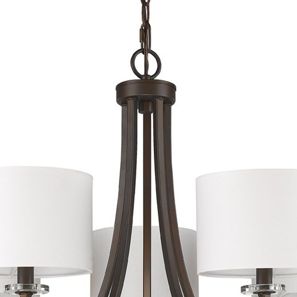Brown Candle Style Five Light Metal and Crystals Dimmable Chandelier With White Shades-4
