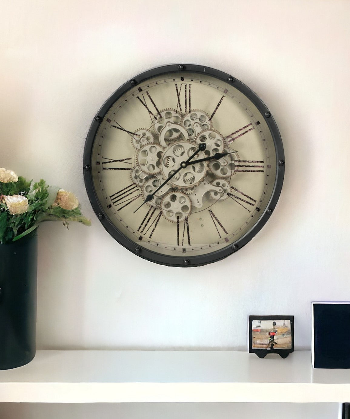 18" Black and Ivory Vintage Gear Industrial Wall Clock-1