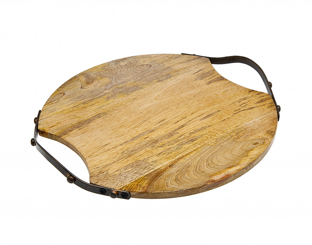 13" Natural Brown Round Wood and Metal Tray-1