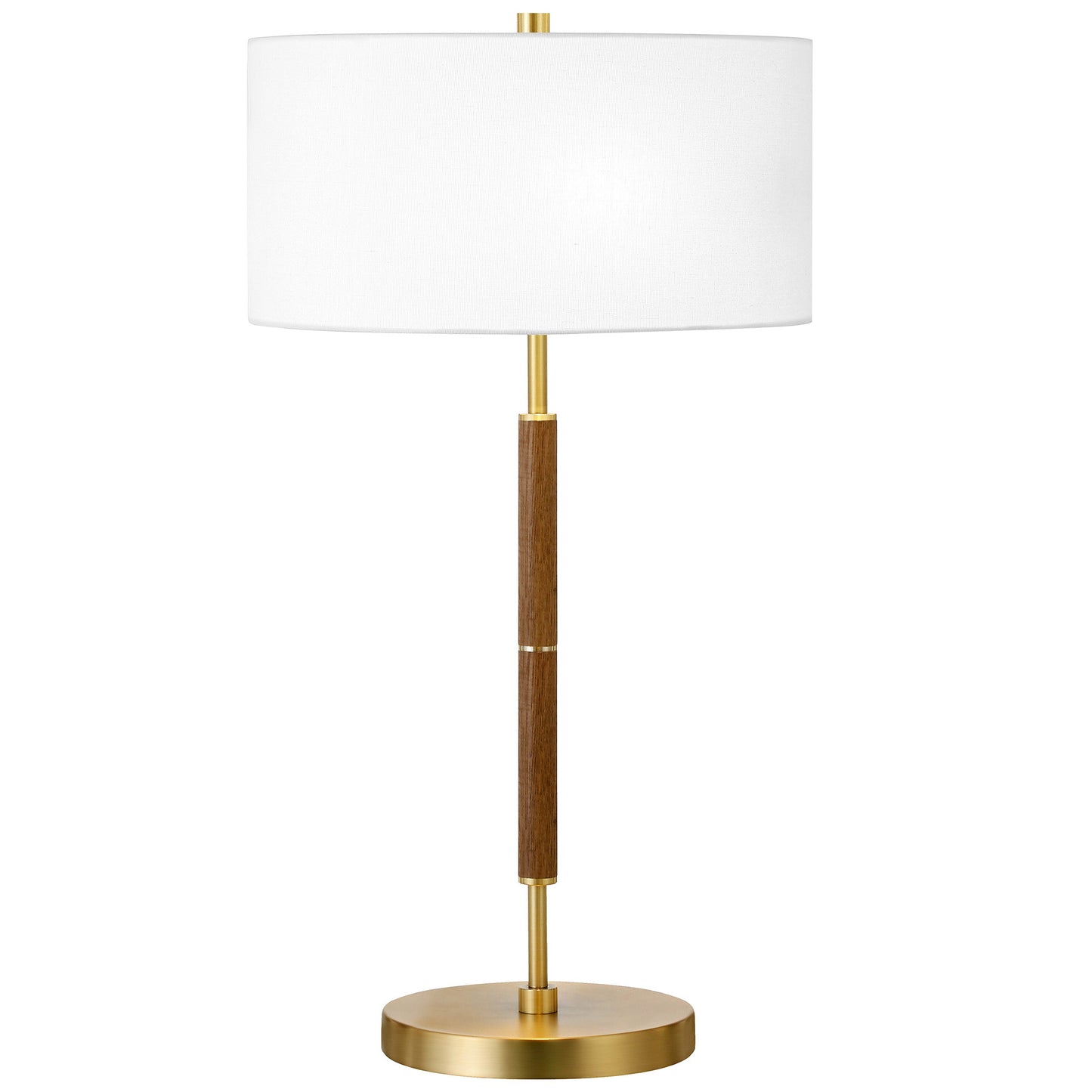 25" Gold and Oak Metal Two Light Table Lamp With White Drum Shade-0