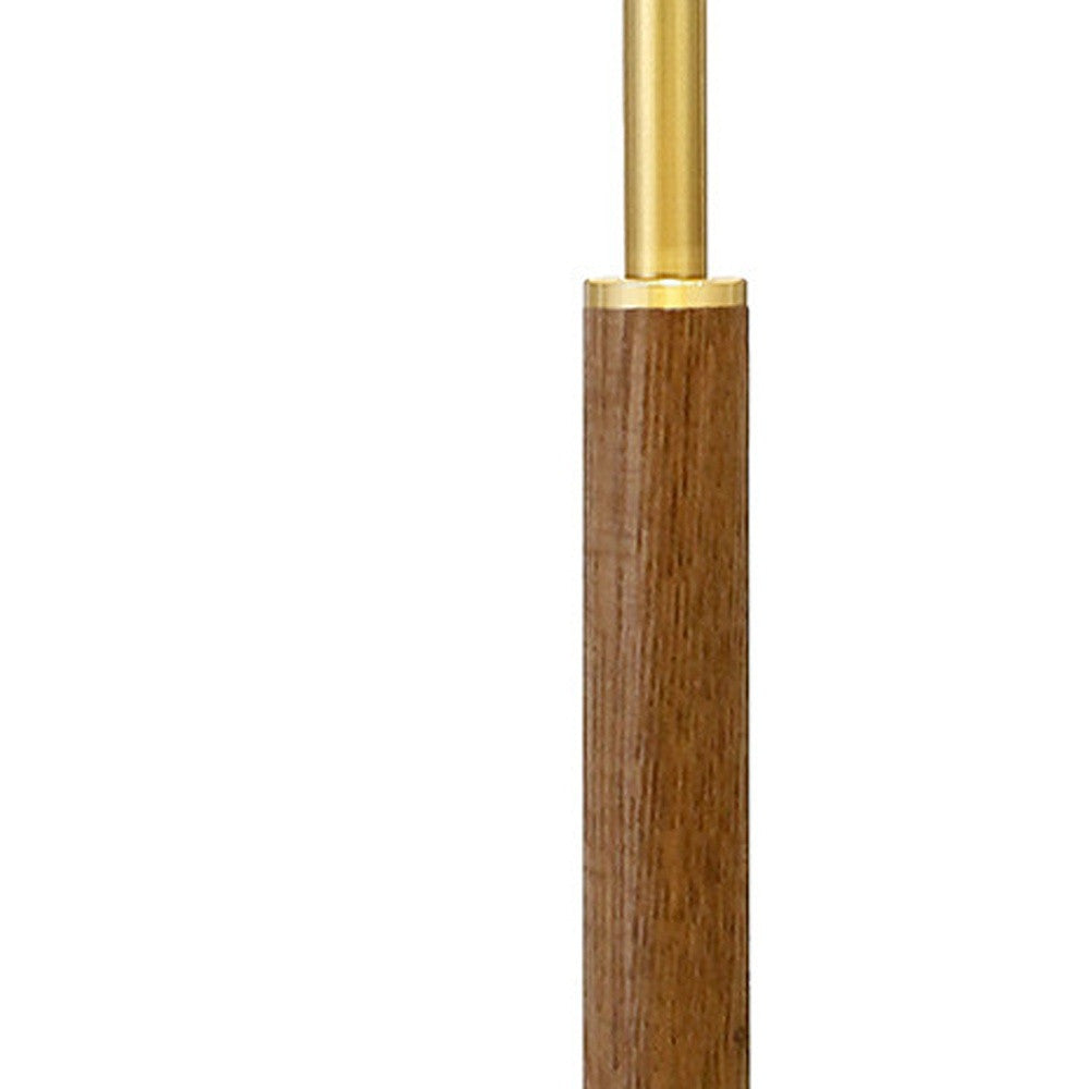 25" Gold and Oak Metal Two Light Table Lamp With White Drum Shade-3