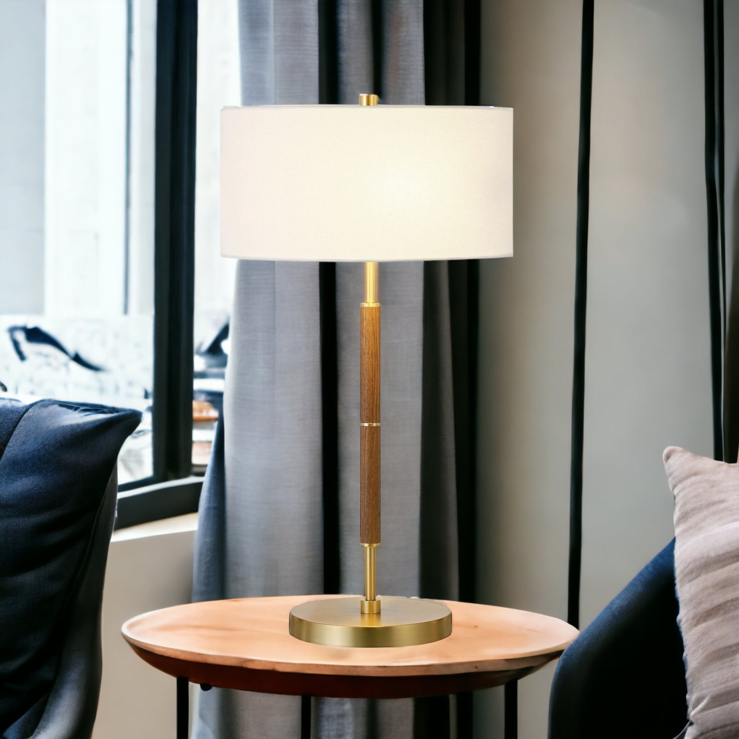 25" Gold and Oak Metal Two Light Table Lamp With White Drum Shade-1
