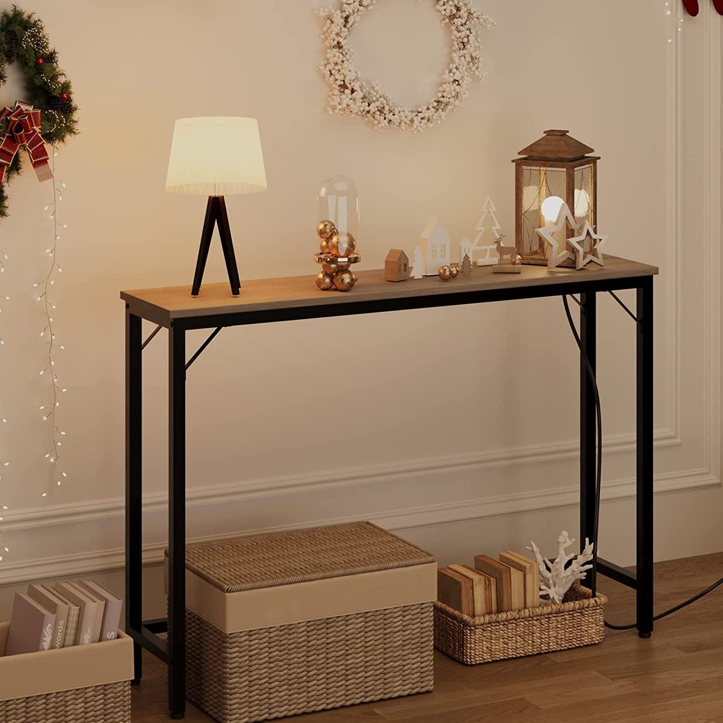 Industrial Grey Console Table with Charging Station-3