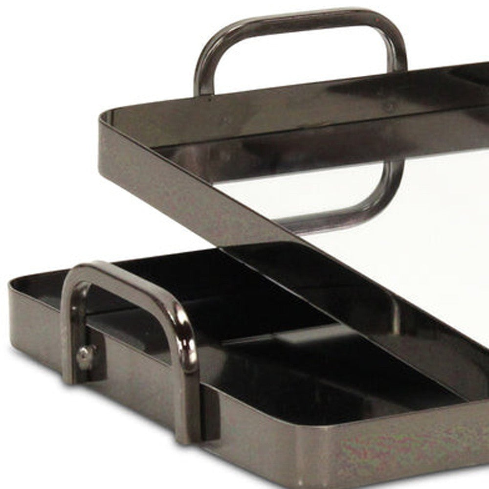Set of Two Pewter Aluminum And Mirrored Glass Handmade Serving Trays-6