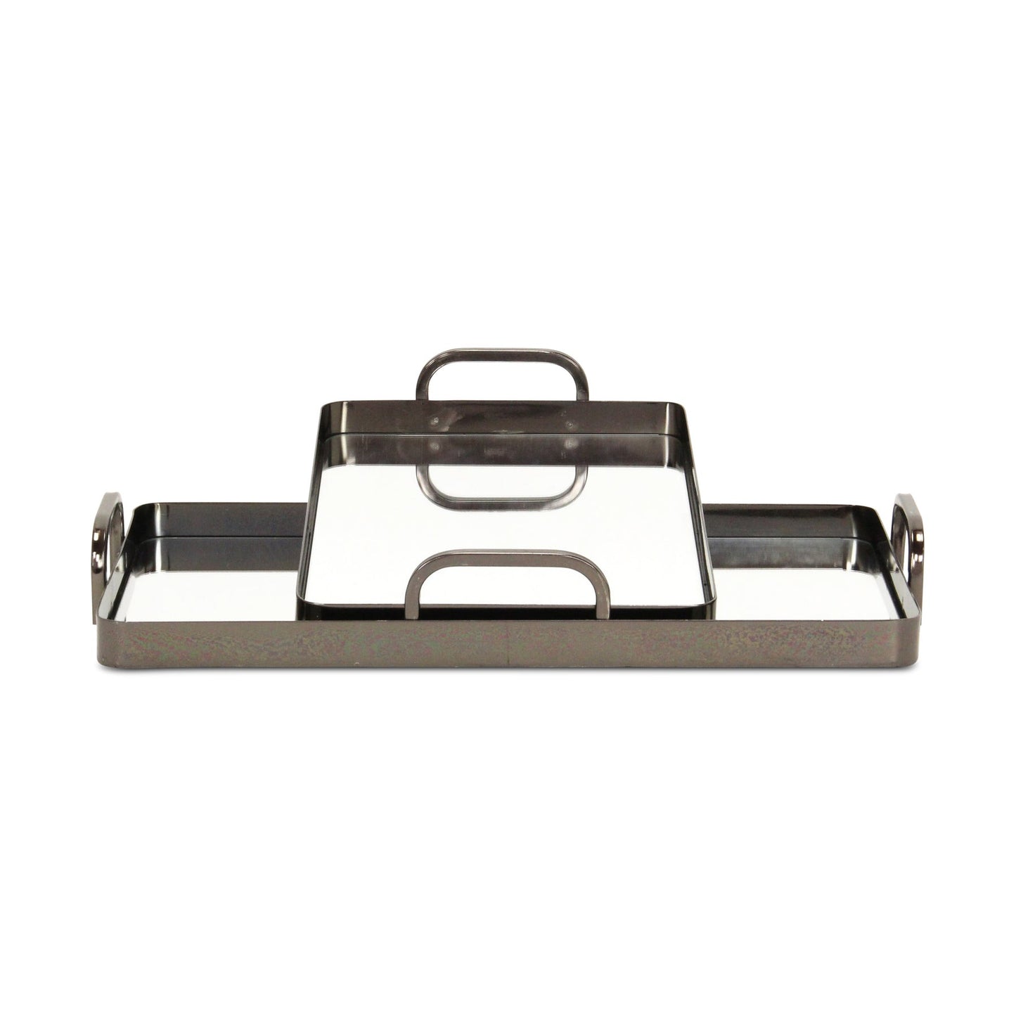 Set of Two Pewter Aluminum And Mirrored Glass Handmade Serving Trays-1