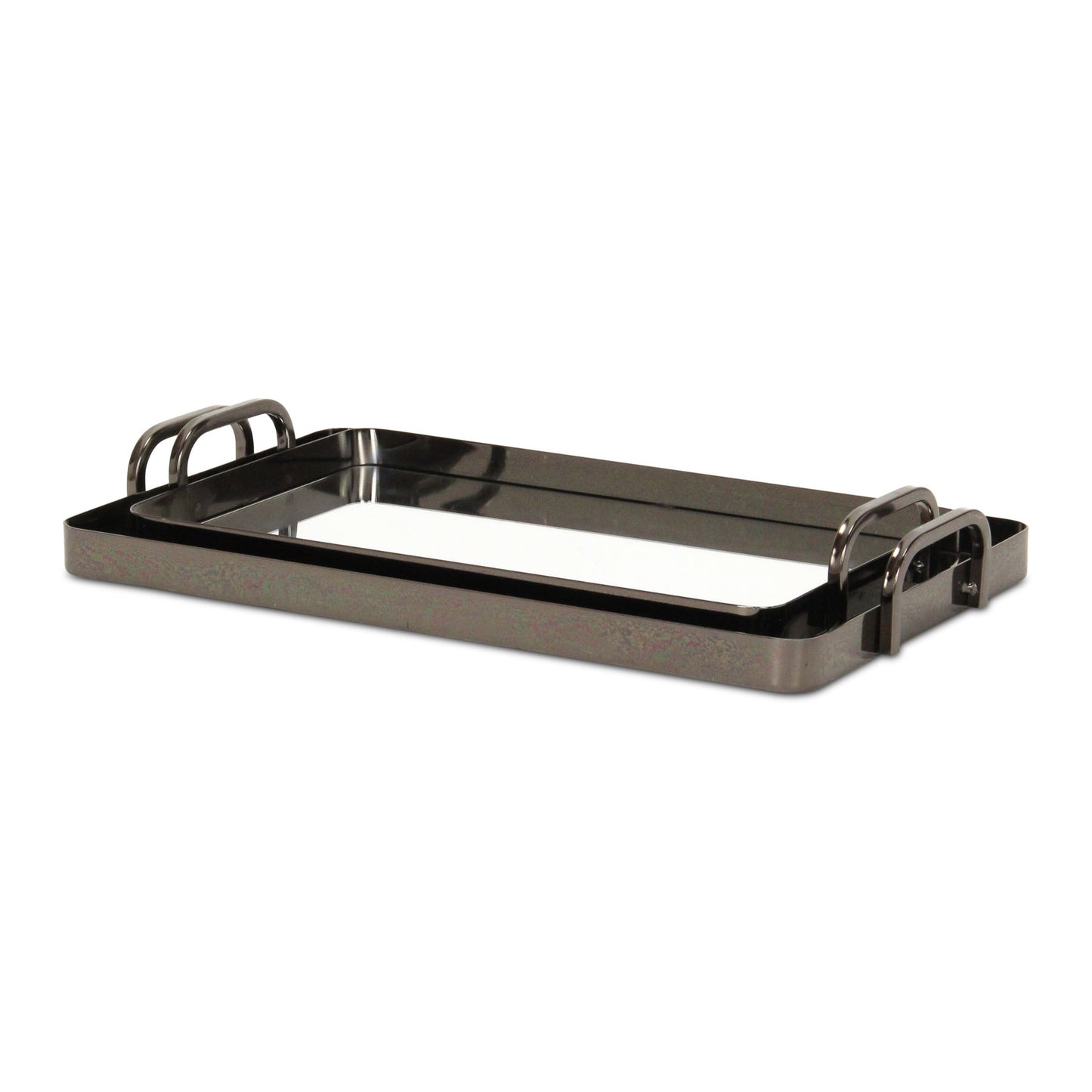 Set of Two Pewter Aluminum And Mirrored Glass Handmade Serving Trays-3