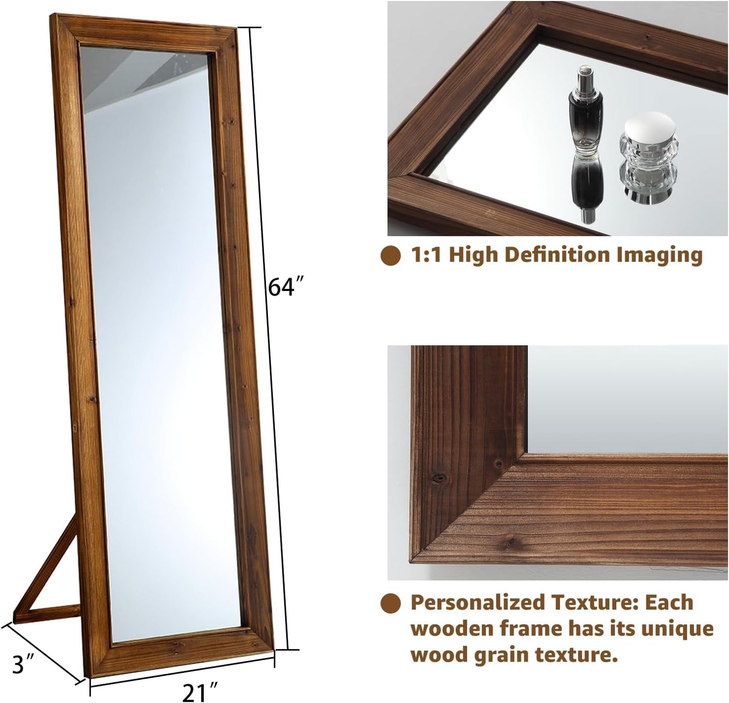 Rustic Farmhouse Full Length Mirror, 64"X21" Wood Frame Floor Mirror, Free Standing Mirror Leaning Hanging Mirror, Long Mirror for Bedroom Living Room Cloakroom, Wood-4