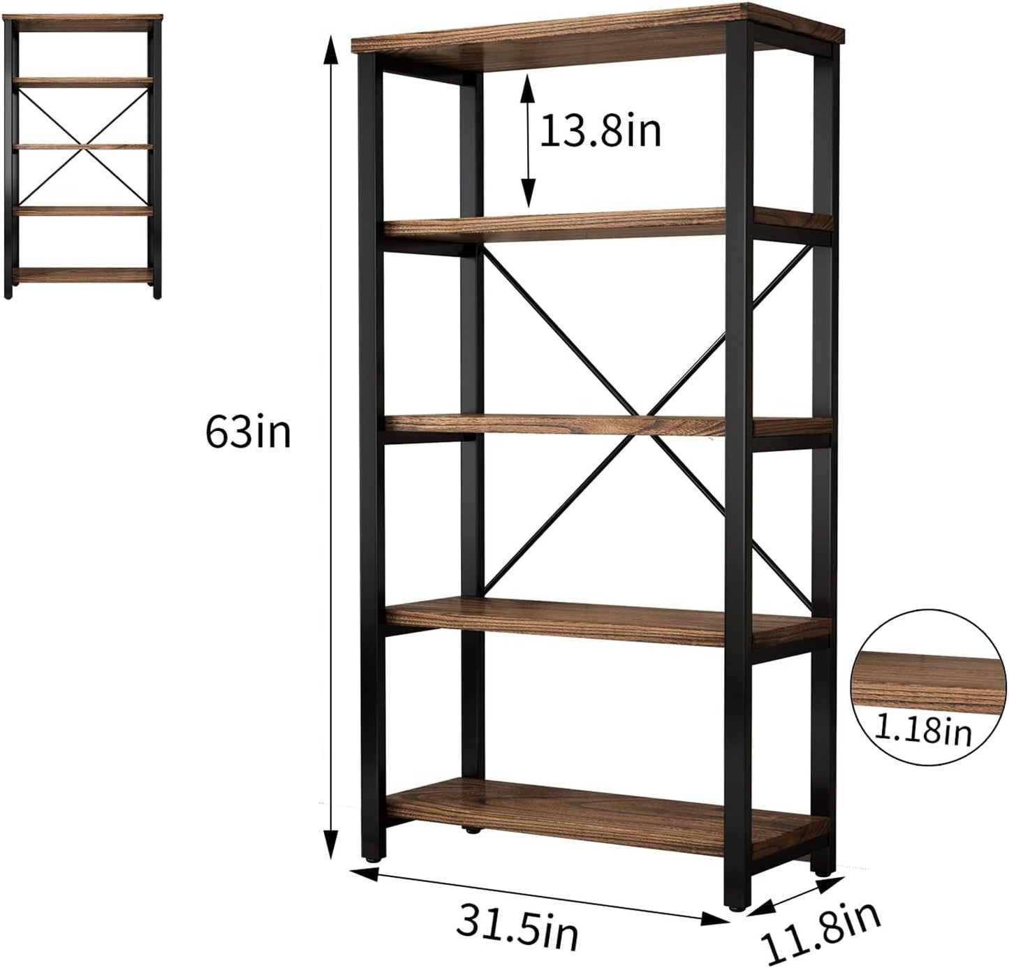 5 Tier Industrial Solid Wood Bookshelf, Open Etagere Bookcase with Metal Frame, Vintage Industrial Style Bookcase/Metal and Wood Bookshelf Furniture (Ay01-5Tier)-1
