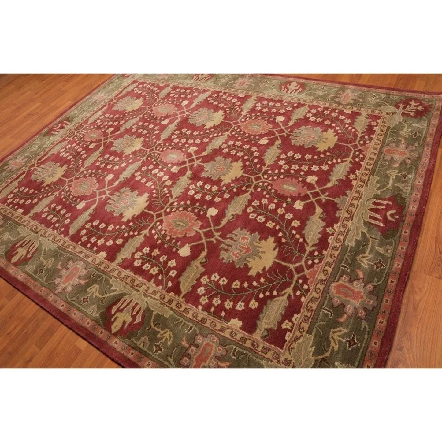 Multi Size Rusty Red, Green Hand Tufted William Morris Arts & Craft 100% Wool Oriental Area Rug-1