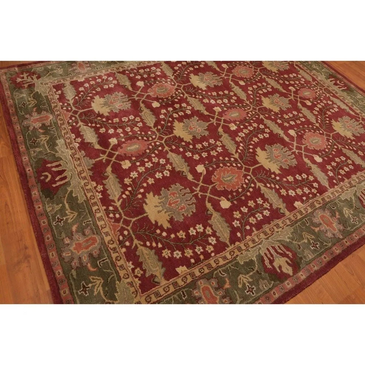 Multi Size Rusty Red, Green Hand Tufted William Morris Arts & Craft 100% Wool Oriental Area Rug-2