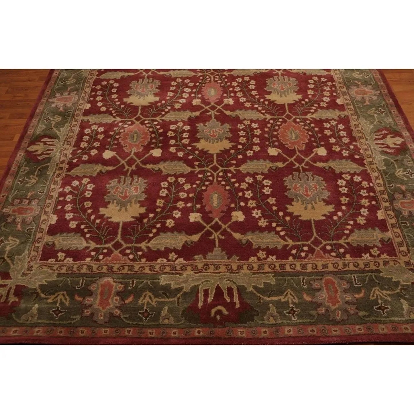 Multi Size Rusty Red, Green Hand Tufted William Morris Arts & Craft 100% Wool Oriental Area Rug-4