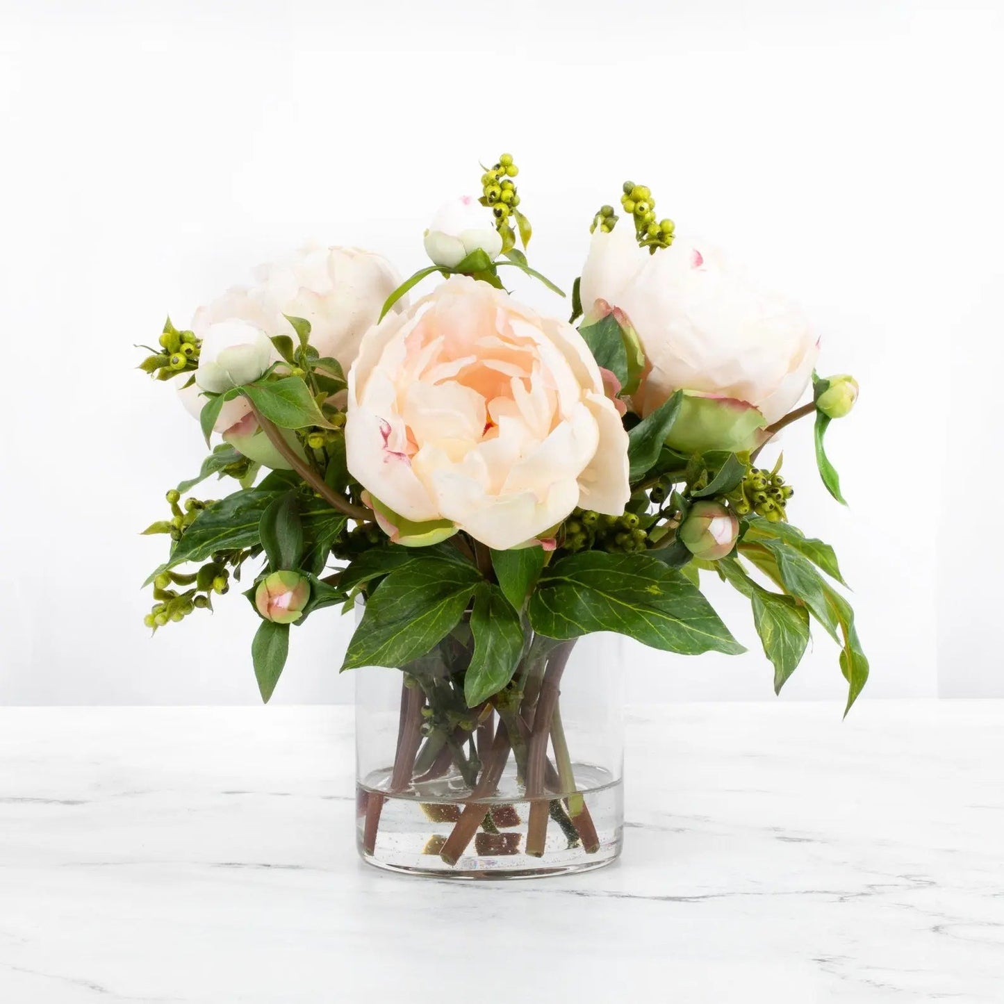 Faux peony arrangement in glass vase - 10"-0
