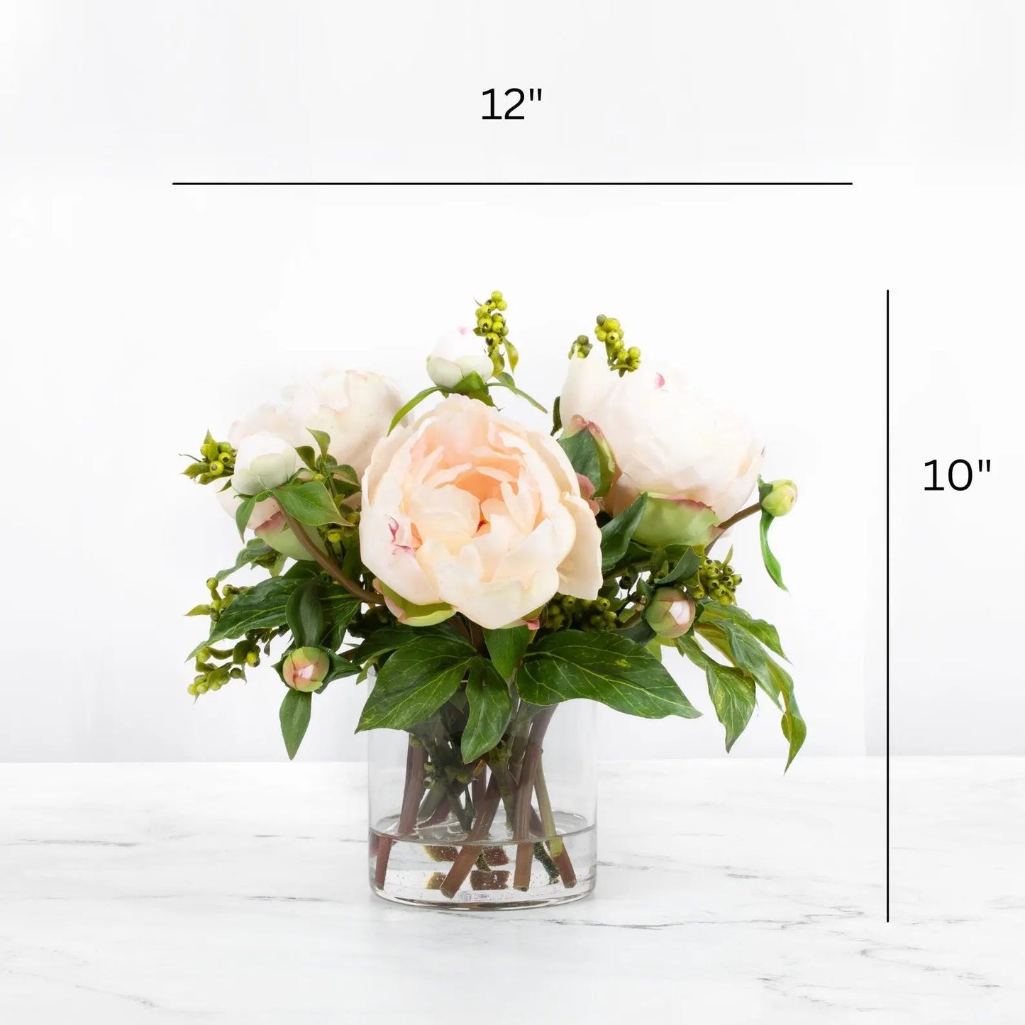 Faux peony arrangement in glass vase - 10"-1