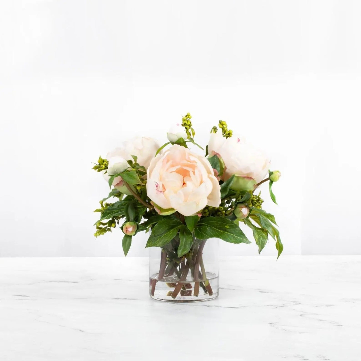 Faux peony arrangement in glass vase - 10"-2