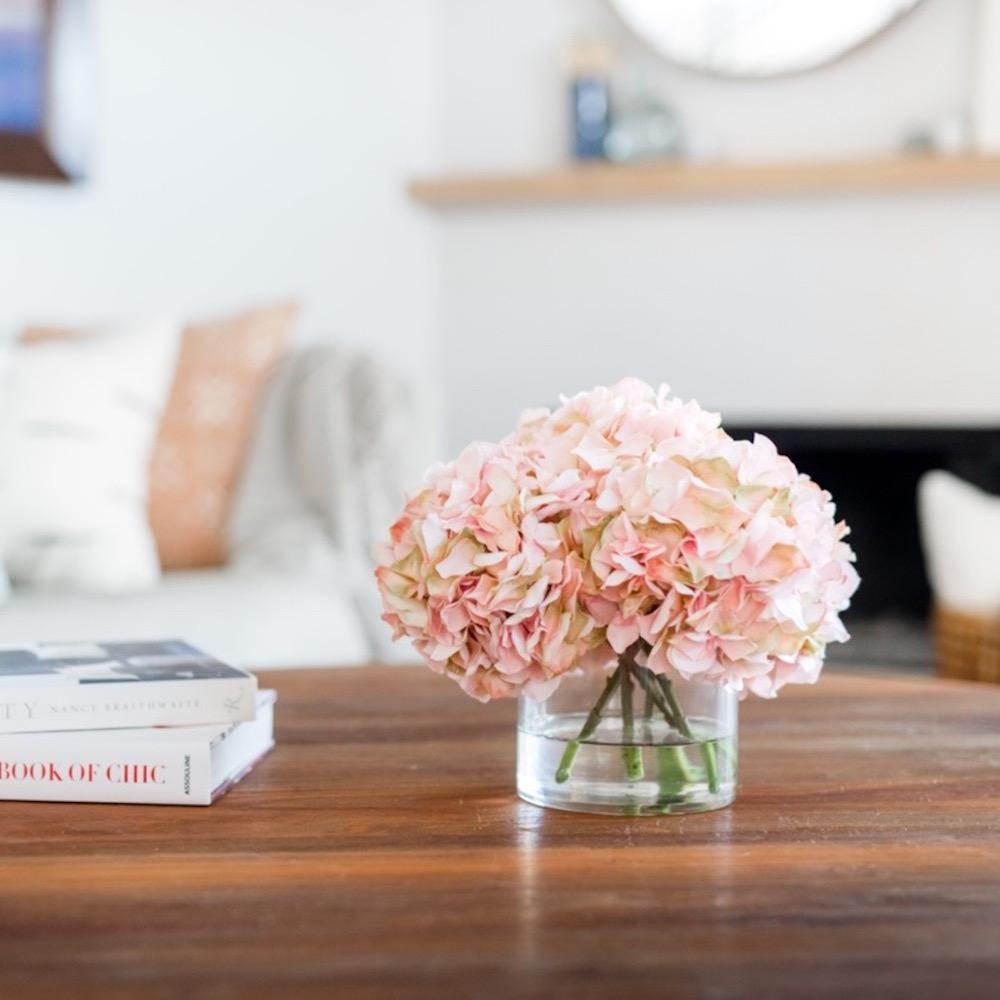 Silk hydrangeas arrangement in glass vase - pink-2