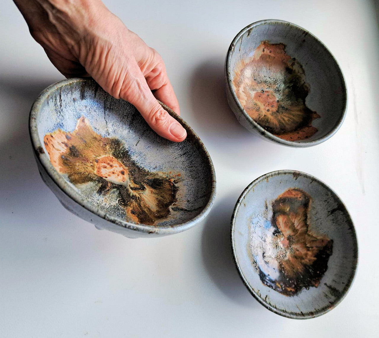 Tamara S Gordon Ceramics. Brown & Grey - set of 3 small rustic bowls-4