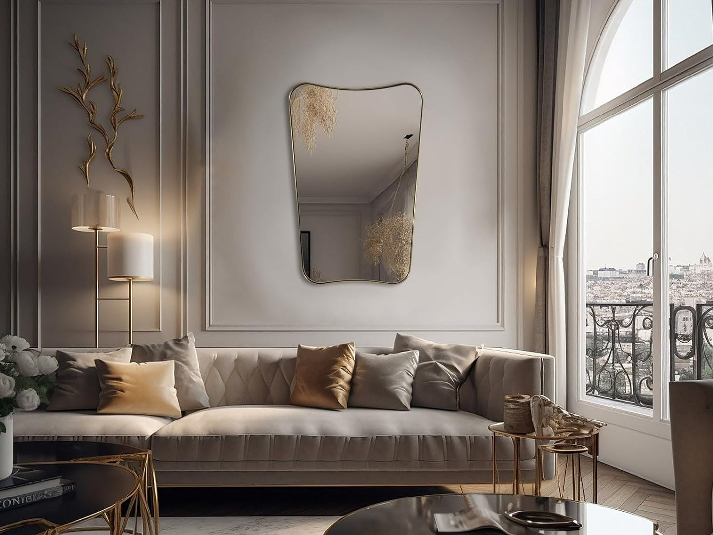 Gold Mirror, 24X36 Irregular Wall Mirror, Gold Antique Bathroom Vanity Mirror, Scalloped Mirror, Asymmetrical Mirror in Stainless Steel Metal Frame Wall Mount Horizontal or Vertical-1