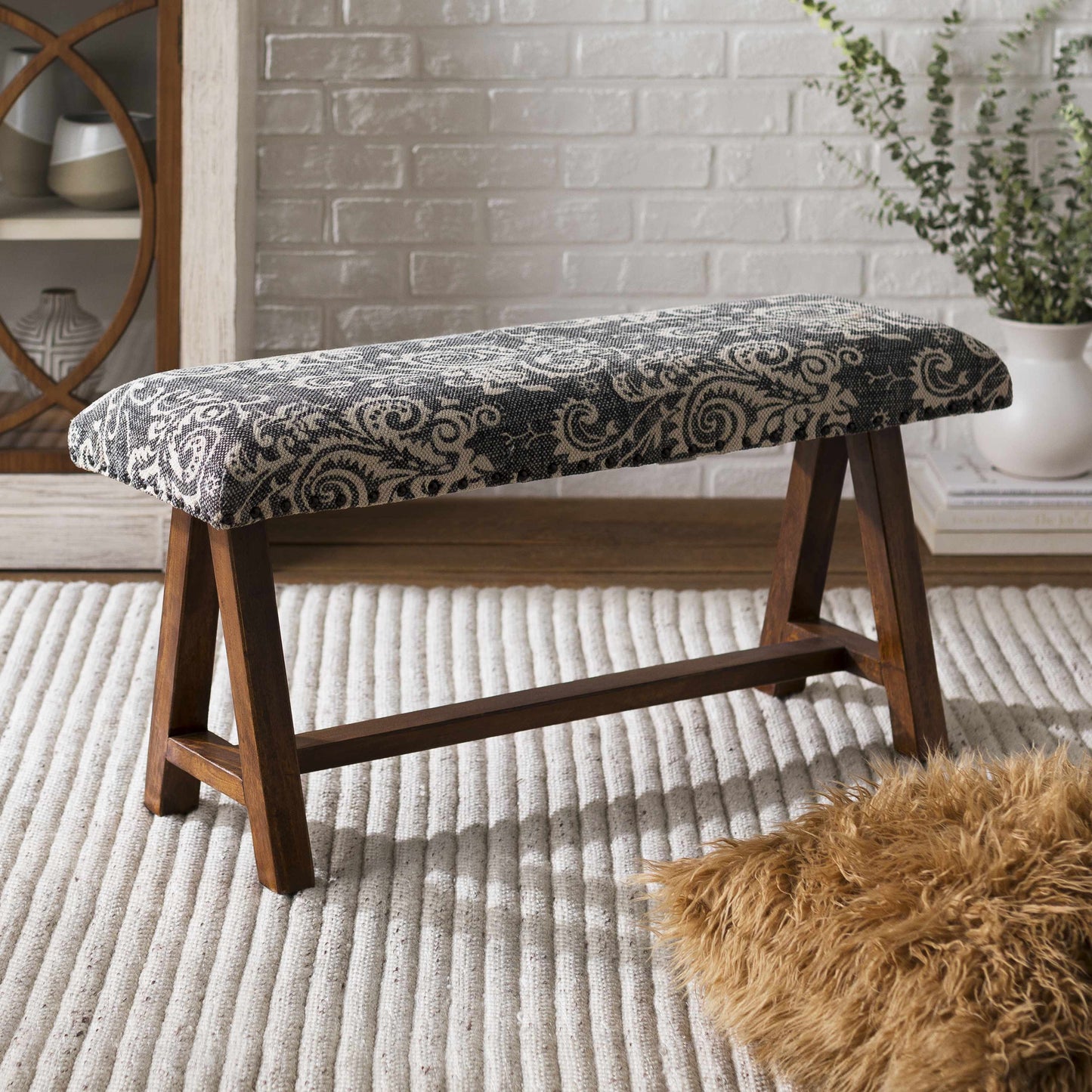 Bethpage Vintage Floral Mango Wood Bench-1
