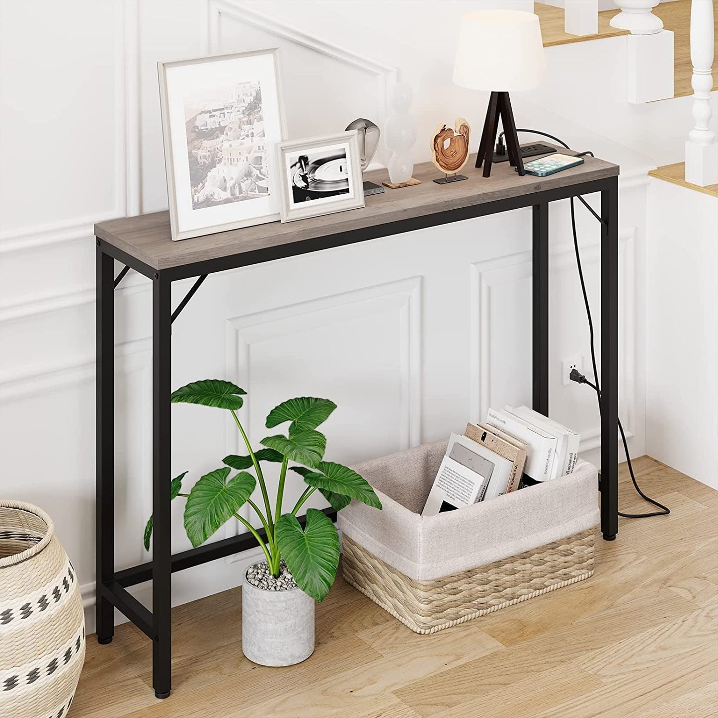 Industrial Grey Console Table with Charging Station-0