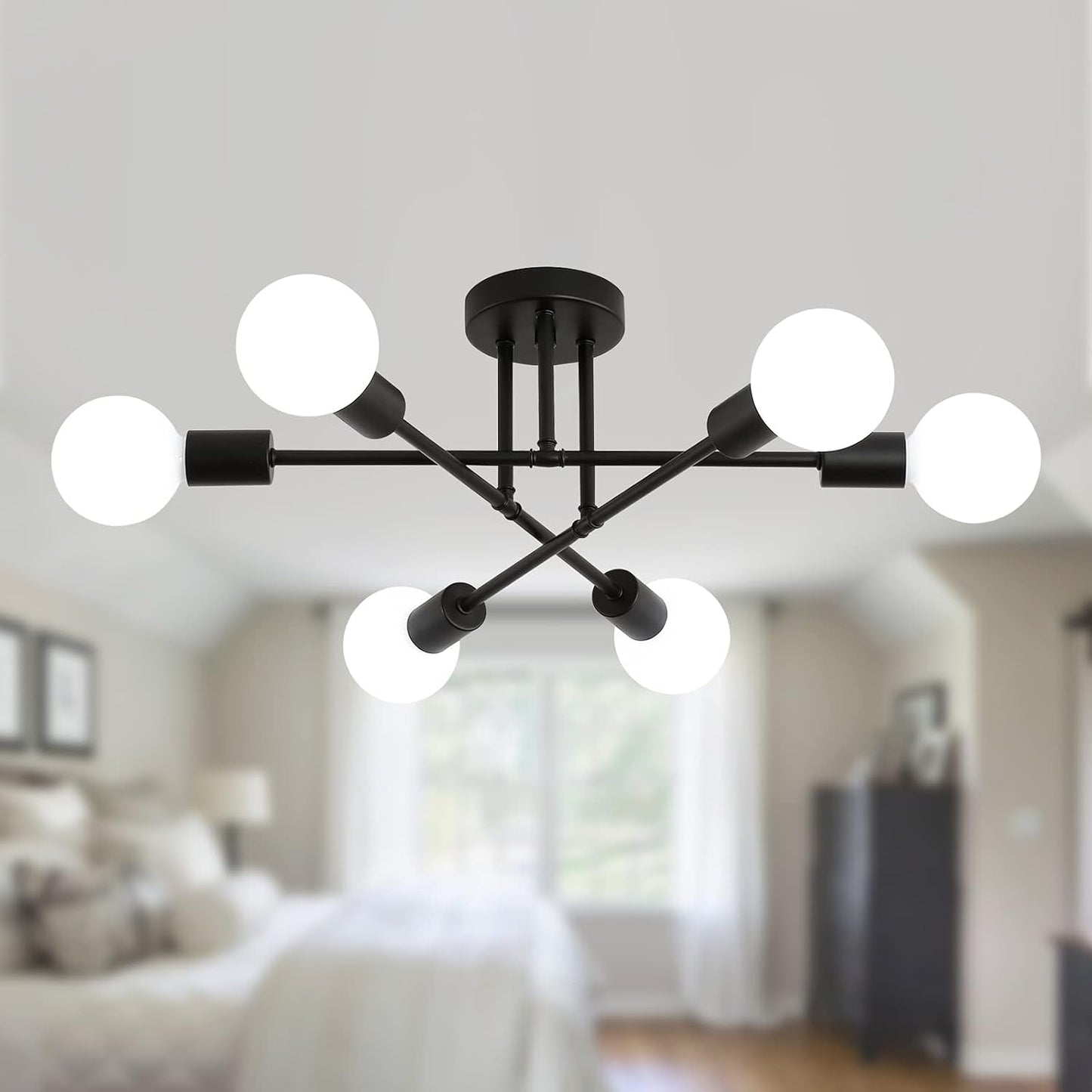 Black Modern Sputnik Chandelier Ceiling Light Fixtures,6-Lights Industrial Metal Semi Flush Mount Ceiling Light for Bedroom Dining Room Living Room Kitchen Hallway UL Listed-1