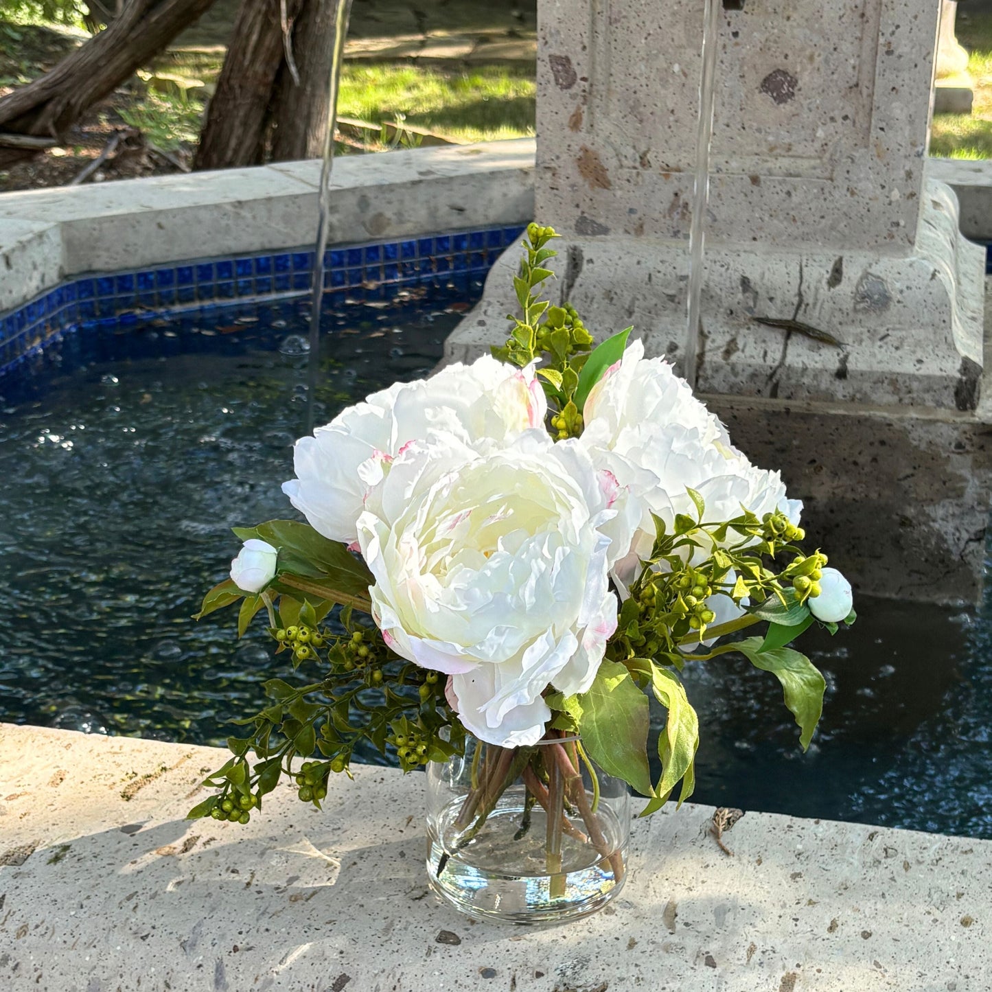 Faux peony arrangement in glass vase - 10"-2