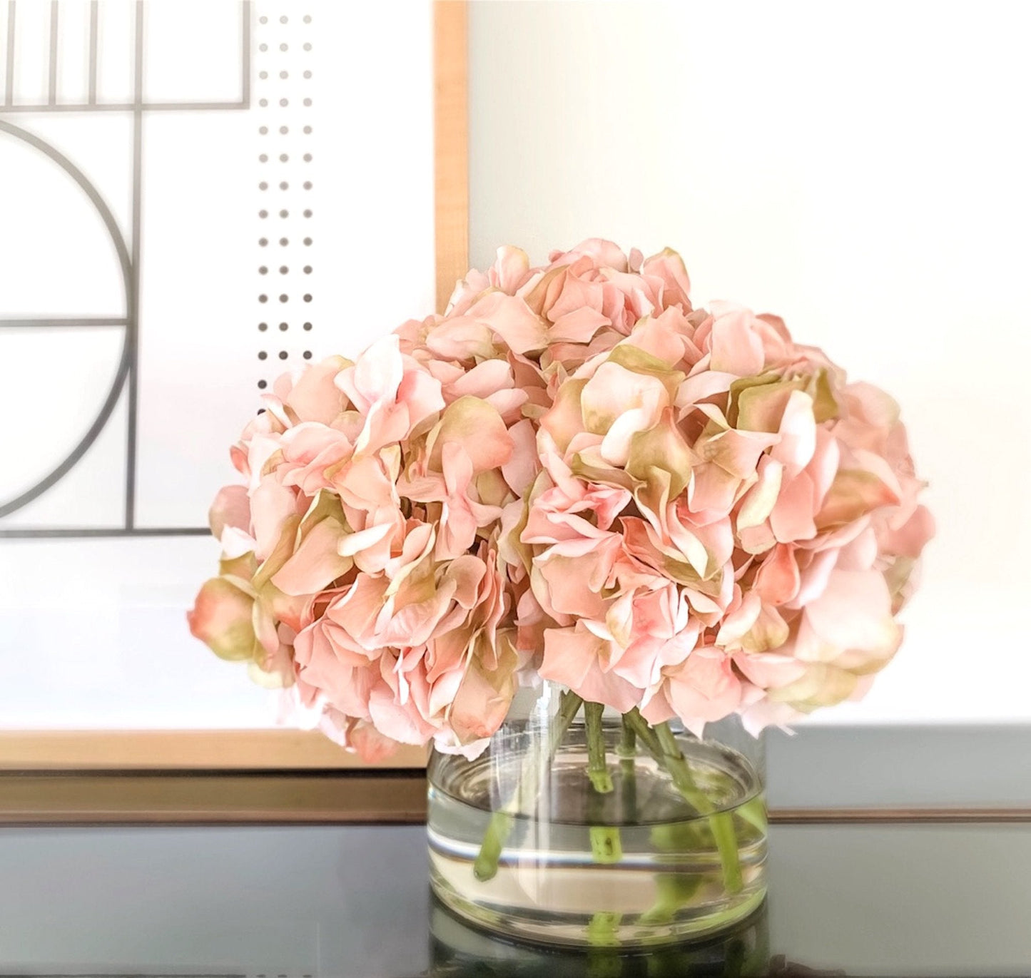 Silk hydrangeas arrangement in glass vase - pink-0