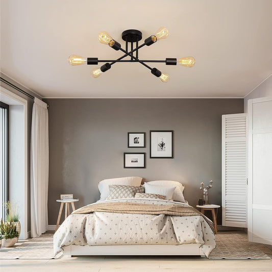 Black Modern Sputnik Chandelier Ceiling Light Fixtures,6-Lights Industrial Metal Semi Flush Mount Ceiling Light for Bedroom Dining Room Living Room Kitchen Hallway UL Listed-0