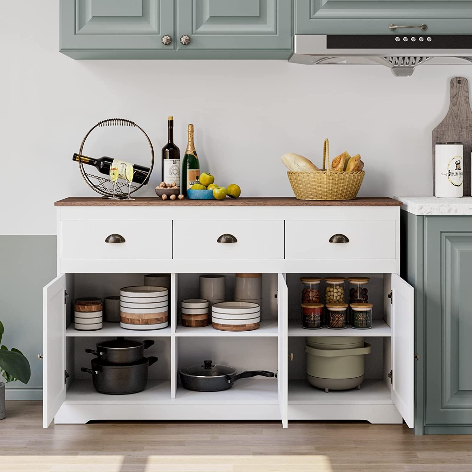 Farmhouse Buffet Cabinet, Wine Storage, Adjustable Shelves-2