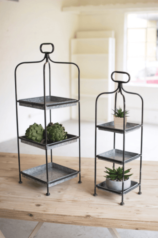 Elegant Set Of Two Tall Metal Display Stands With Galvanized Trays-0