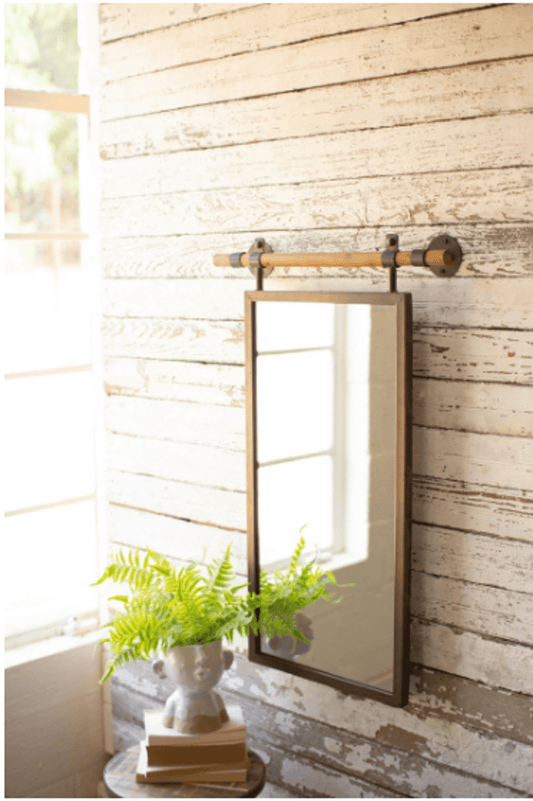 Industrial Rectangle Wall Mirror With Wooden Dowel Hanger-0