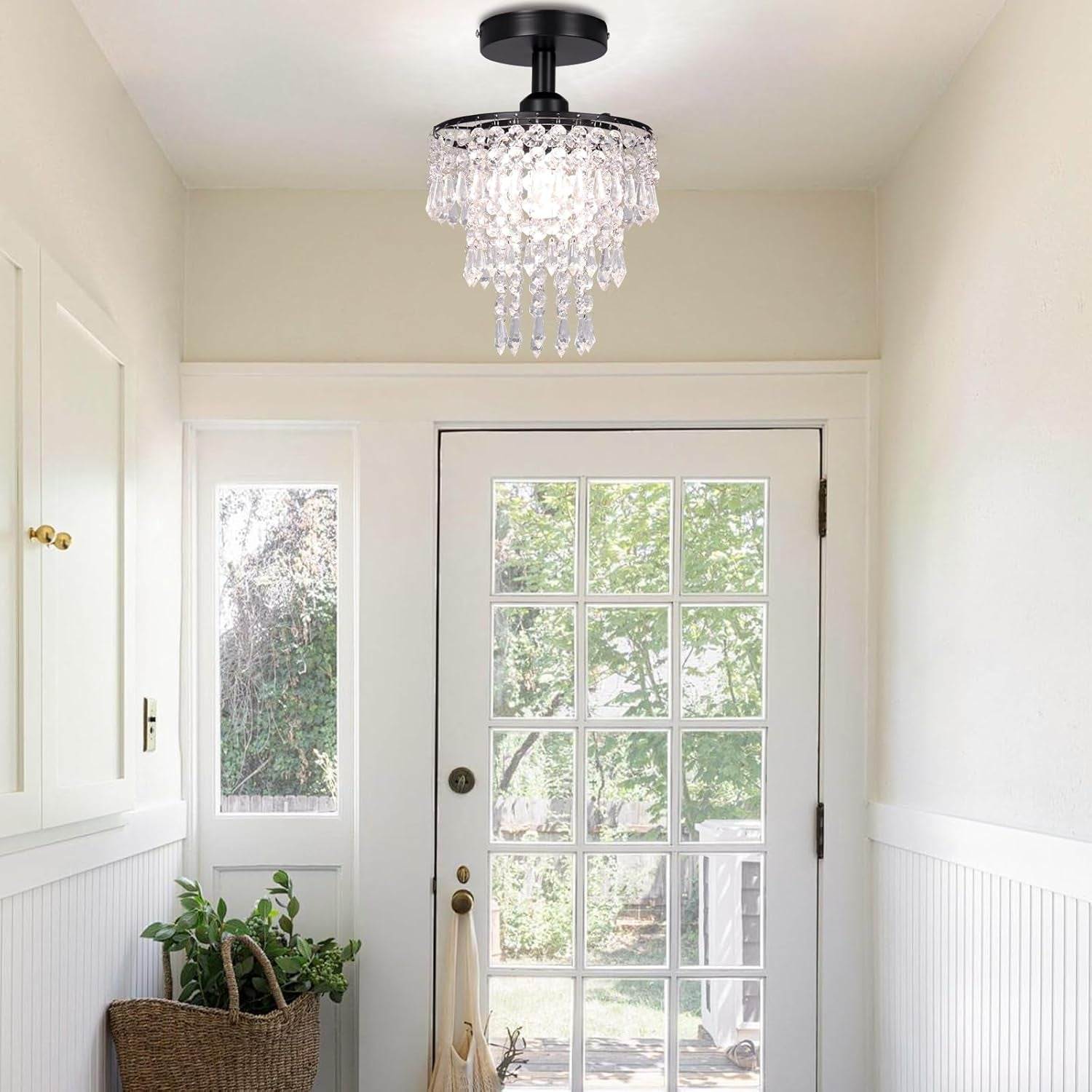 Small Crystal Chandelier Flush Mount Ceiling Light 3 Tiers Raindrops Crystal Chandeliers for Bedroom Hallway Foyer Living Room Entryway Closet,Black-3