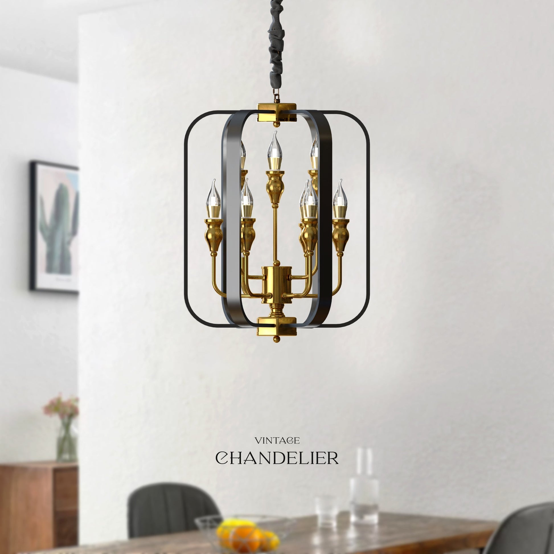 Lantern Black Metal Chandeliers 9-Light Adjustable Height Farmhouse Ceiling Chandelier~4622-3
