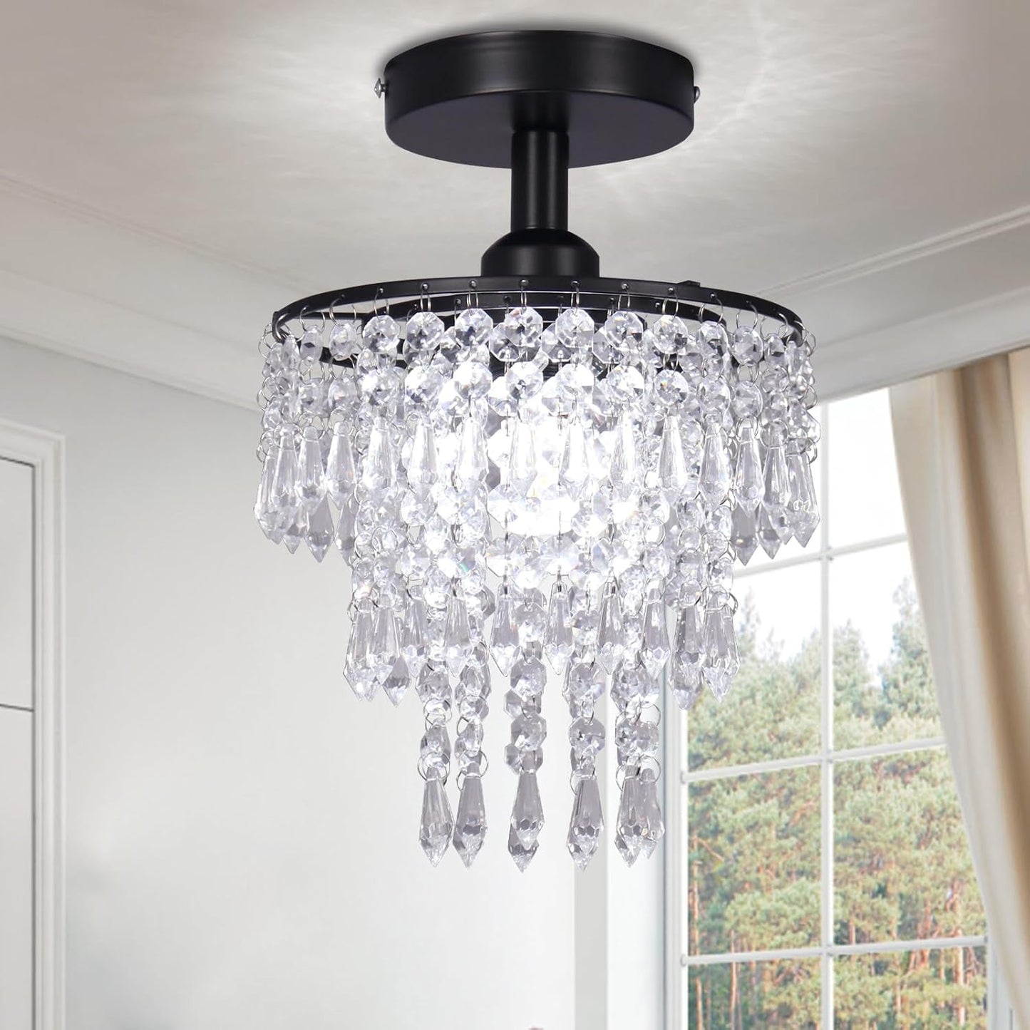 Small Crystal Chandelier Flush Mount Ceiling Light 3 Tiers Raindrops Crystal Chandeliers for Bedroom Hallway Foyer Living Room Entryway Closet,Black-1