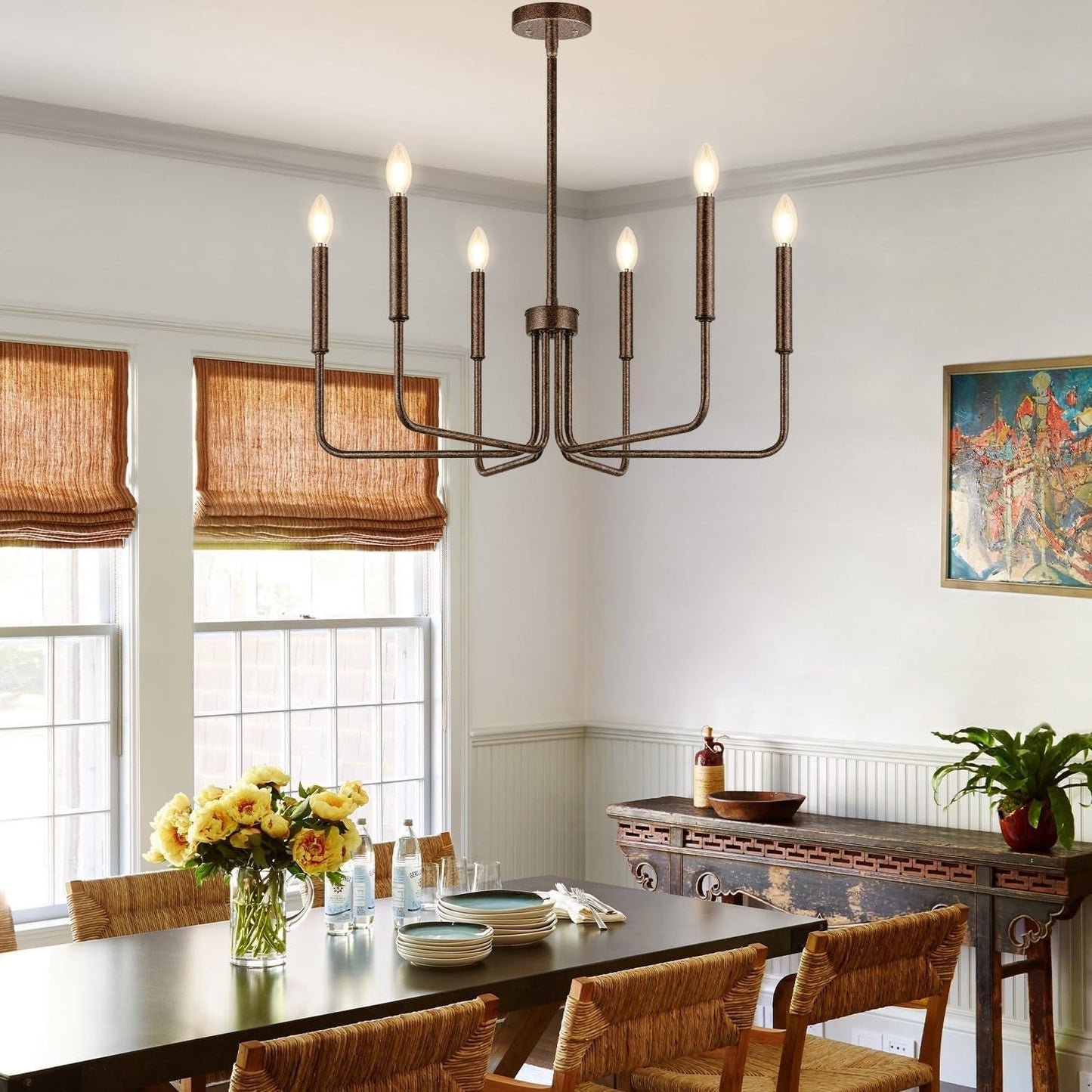 Rustic Black Chandelier, 6-Light Antique Farmhouse Chandelier for Dining Room Lighting Fixtures, Vintage Candle Pendant Light Fixtures Chandeliers for Dining Room Bedroom, Foyer and Living Room-0