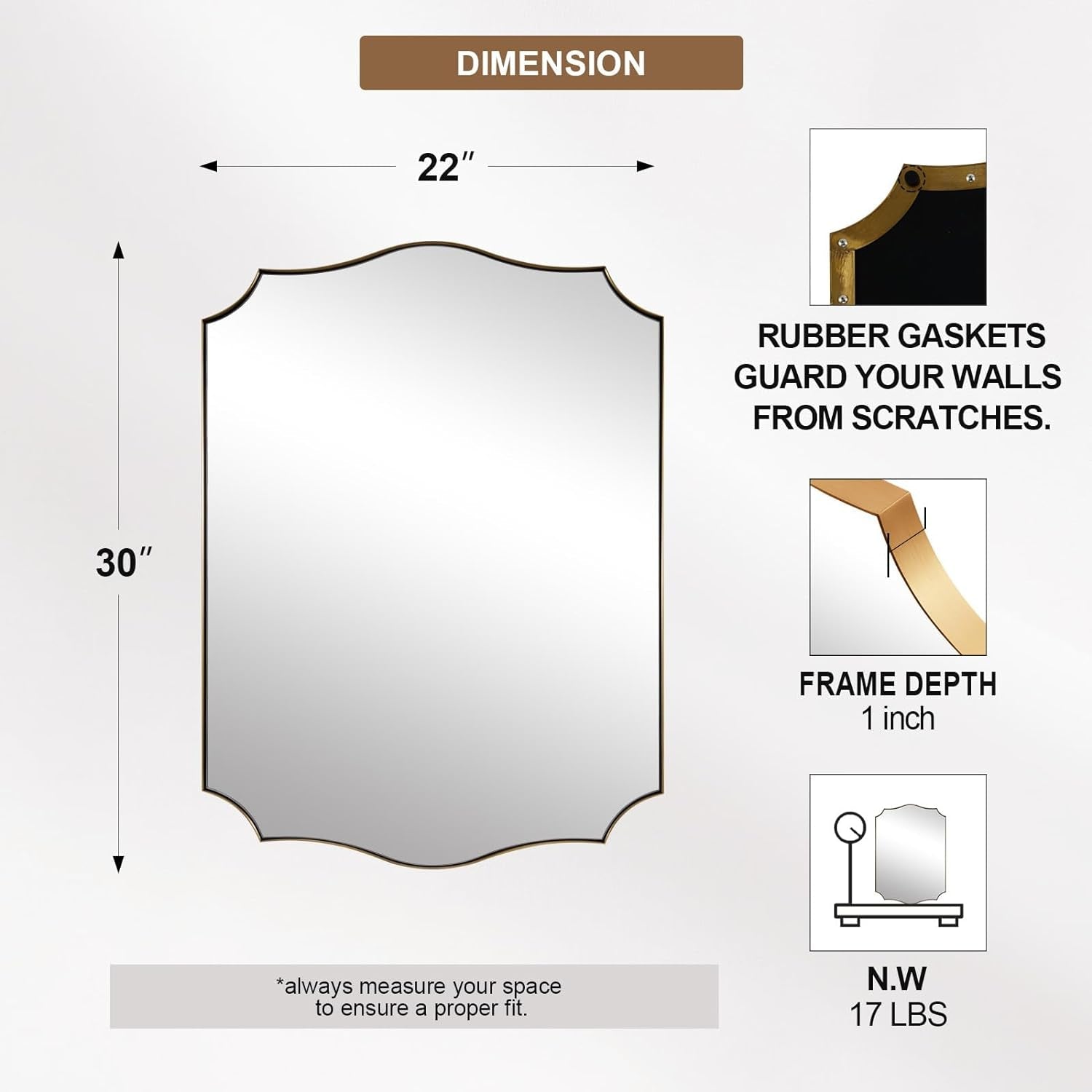 Stainless Steel Metal Frame Wall Mount Vanity Mirror, 22X30 Irregular Asymmetrical Mirror for Bathroom, Bedroom, Living Room, Mantel-4