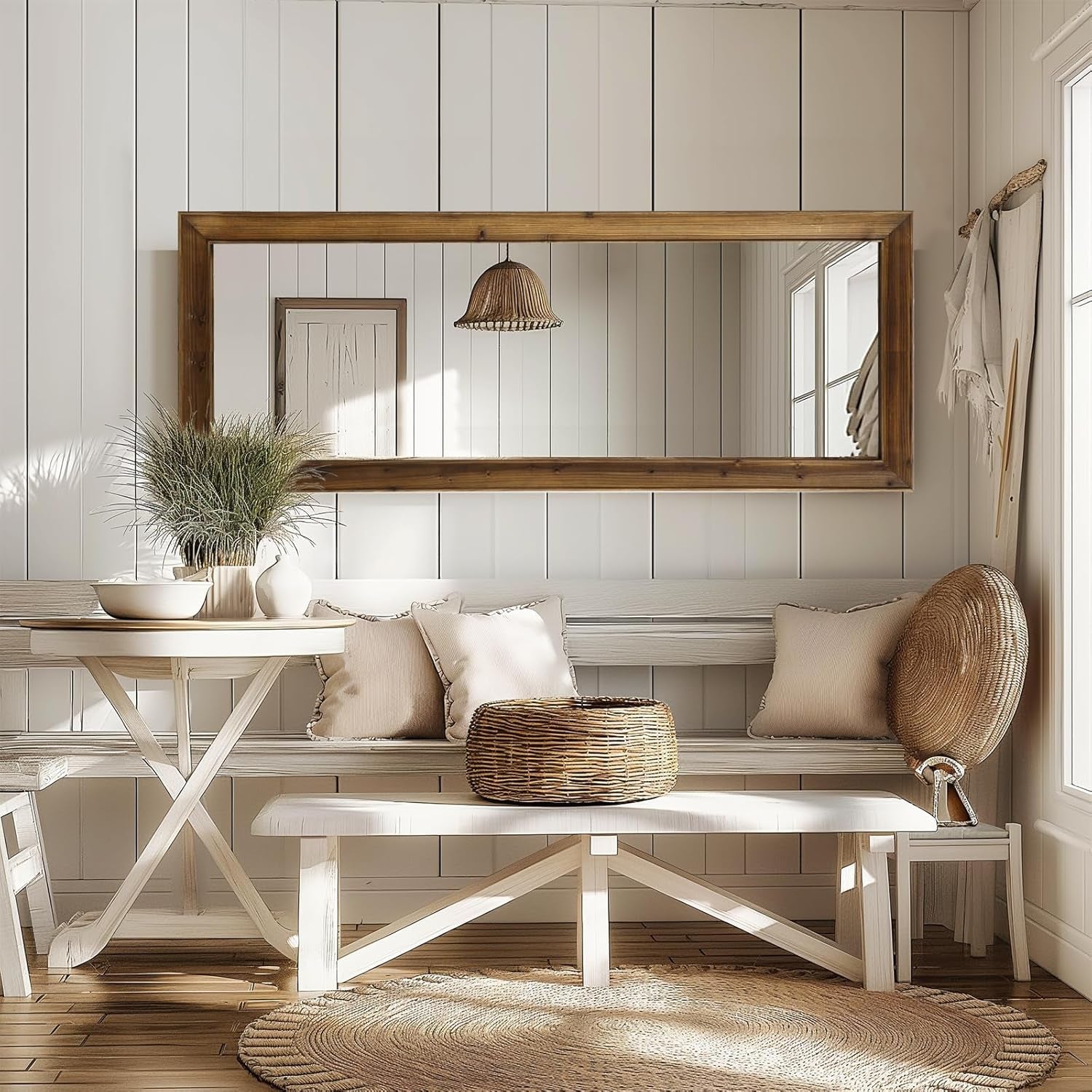 Rustic Farmhouse Full Length Mirror, 64"X21" Wood Frame Floor Mirror, Free Standing Mirror Leaning Hanging Mirror, Long Mirror for Bedroom Living Room Cloakroom, Wood-3