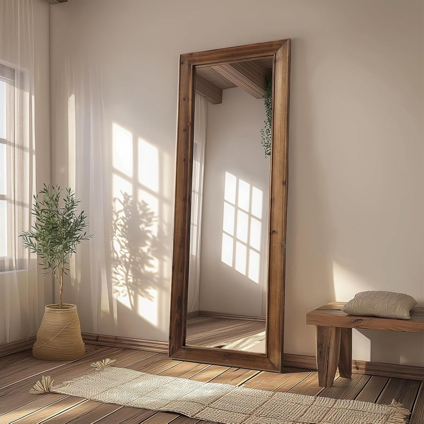 Rustic Farmhouse Full Length Mirror, 64"X21" Wood Frame Floor Mirror, Free Standing Mirror Leaning Hanging Mirror, Long Mirror for Bedroom Living Room Cloakroom, Wood-0