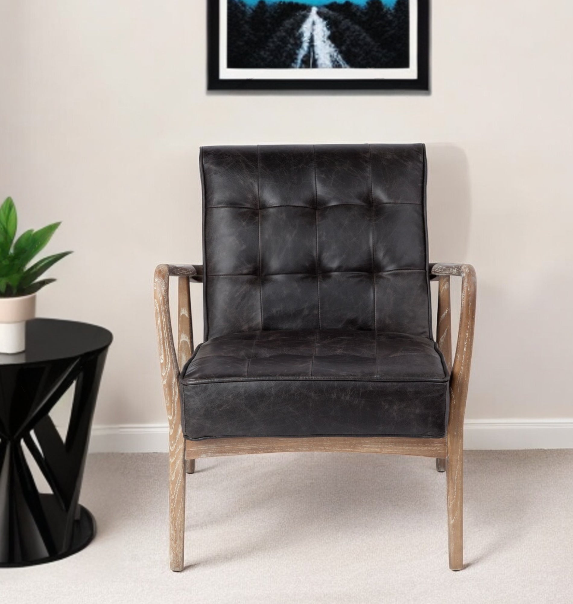 28" Black and Brown Leather Tufted Lounge Chair-0