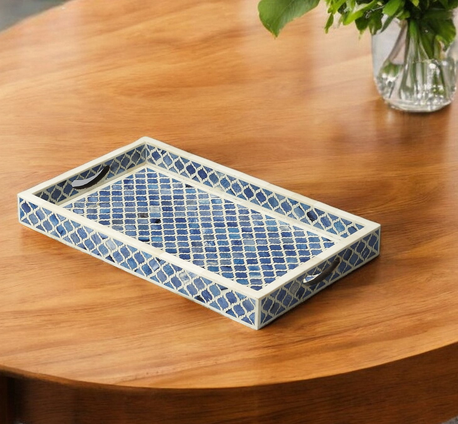 12" Blue Wood Geometric Serving Tray-1