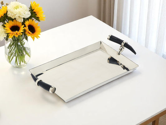 19" Silver Stainless Steel Serving Tray With Horn Handles-0