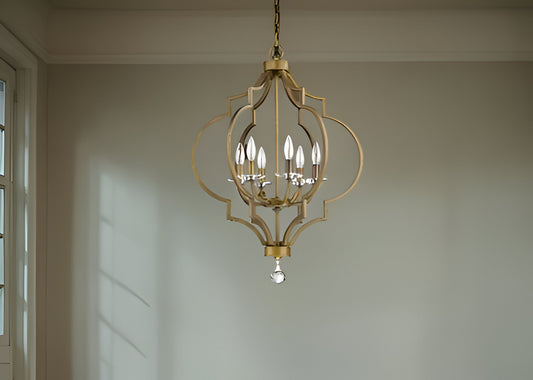 Gold and White Candle Style Six Light Metal Dimmable Chandelier-0