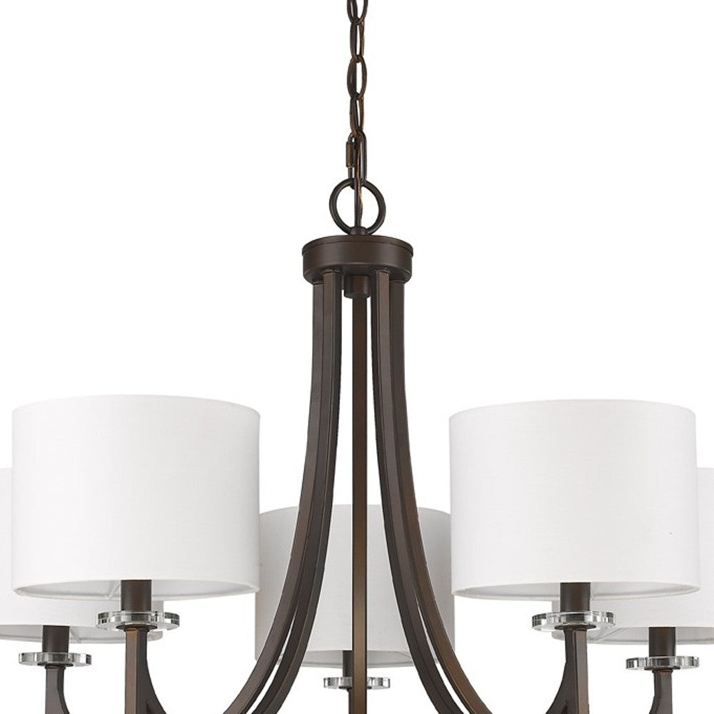Brown Candle Style Five Light Metal and Crystals Dimmable Chandelier With White Shades-3