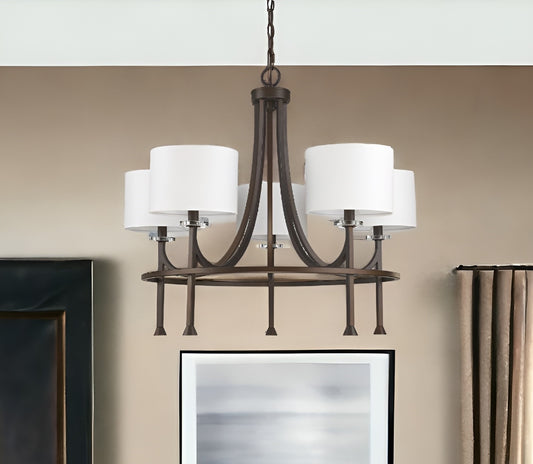 Brown Candle Style Five Light Metal and Crystals Dimmable Chandelier With White Shades-1